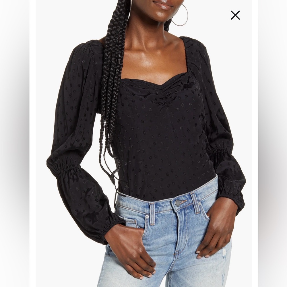 Wayf Black Square-Neck Long Sleeve Blouse